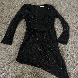 Altar'd State Black Sequin Asymmetrical V-Neck Dress